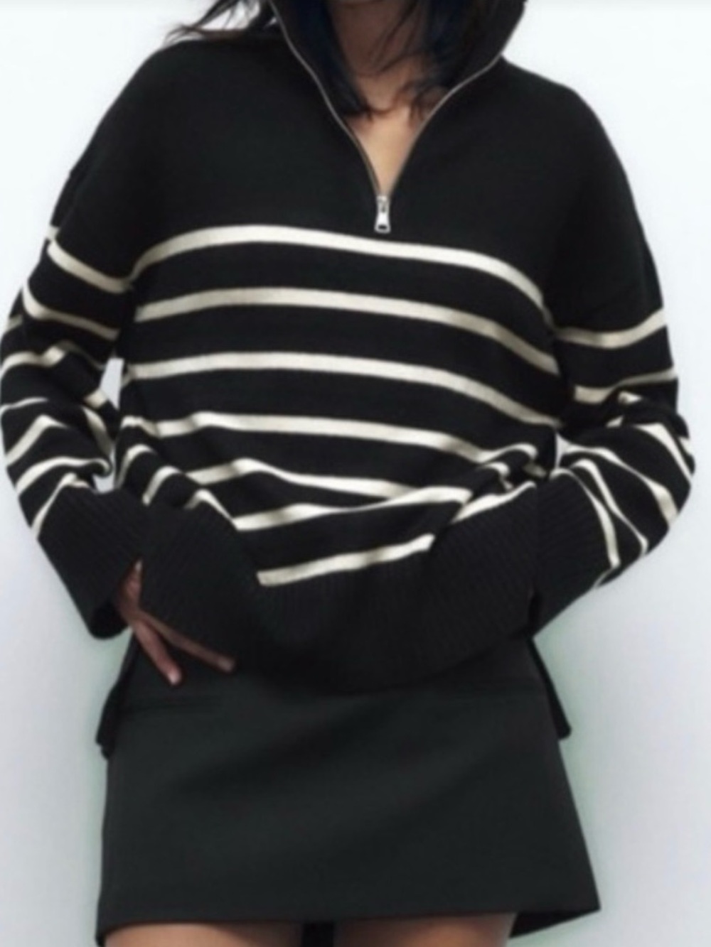 Zara Striped Quarter-Zip Oversized Sweater L Nautical Breton Stripe Half-Zip
